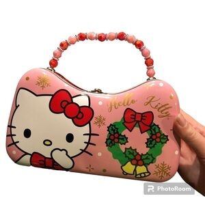 Hello Kitty Christmas Tin Purse Strap Beads NEW Gift Storage Pink Metal